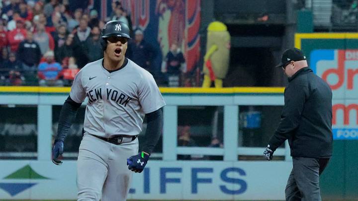 New York Yankees' Juan Soto After Hitting a 3-run Home Run in the 10th Inning of Game 5 of the ALCS New York Yankees' Juan Soto After Hitting a 3-run Home Run in the 10th Inning of Game 5 of the ALCS