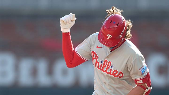 Sep 30, 2026; Cumberland, Georgia, USA; Philadelphia Phillies first baseman Alec Bohm (28) rounds the bases after hitting a solo home run against the Atlanta Braves in the tenth inning of game two of the 2026 MLB Wild Card round at Truist Park.  Mandatory Credit: Brett Davis-Imagn Images