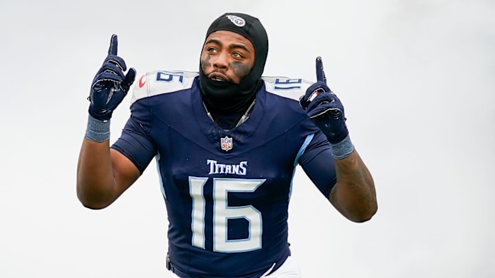 Tennessee Titans wide receiver Treylon Burks (16) is introduced before a game against the Jacksonville Jaguars at Nissan Stadium in Nashville, Tenn., Sunday, Jan. 7, 2024.