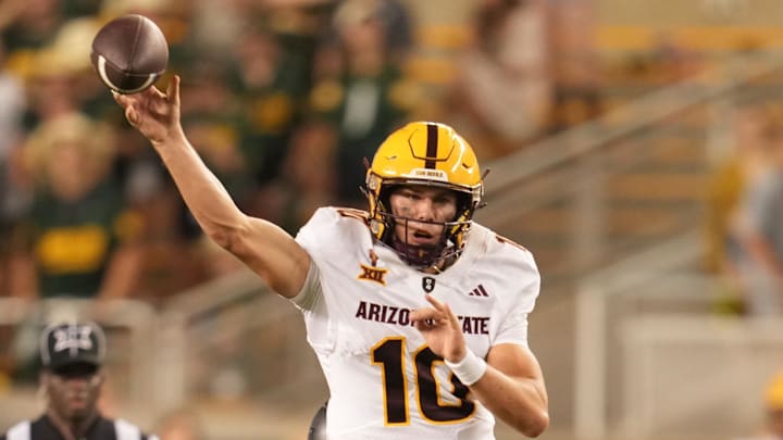 Sep 20, 2025; Waco, Texas, USA; Arizona State Sun Devils quarterback Sam Leavitt (10) throws a pass against the Baylor Bears during the second half at McLane Stadium. Mandatory Credit: Chris Jones-Imagn Images