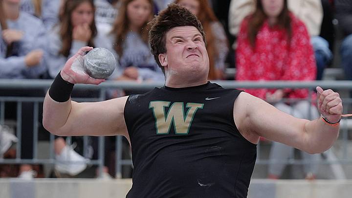 Iowa City West’s James Barnett throws shot put during 4A boys shot put in the Day-two of the Iowa state high school co-ed track and field at Drake Stadium on May 22, 2026, in Des Moines, Iowa.