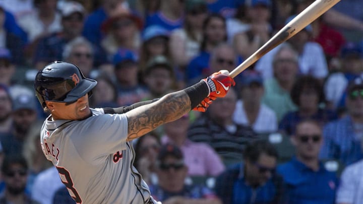 Detroit Tigers shortstop Javier Baez (28) singles during the eighth inning against the Chicago Cubs at Wrigley Field on Aug 22.