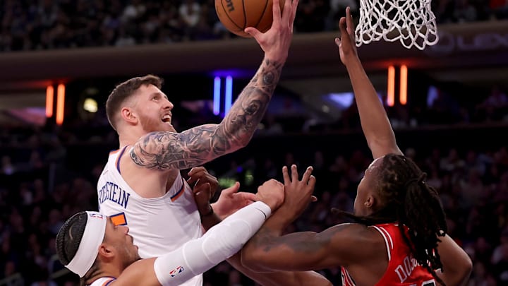 Jan 3, 2024; New York, New York, USA; New York Knicks center Isaiah Hartenstein (55) grabs a rebound