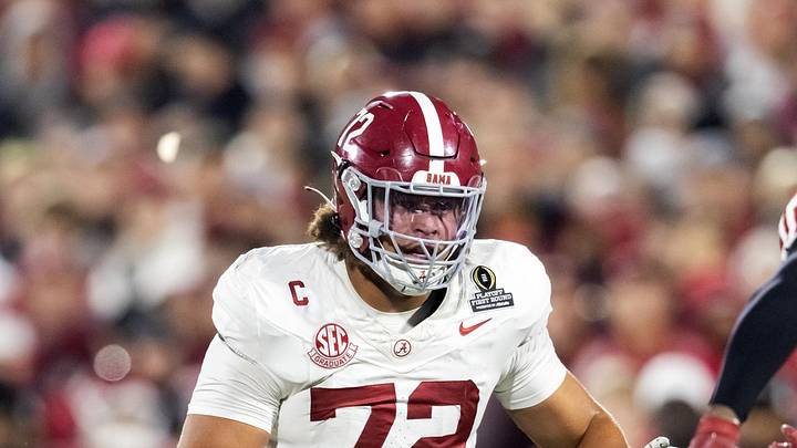 Dec 19, 2025; Norman, OK, USA; Alabama Crimson Tide offensive lineman Parker Brailsford (72) against the Oklahoma Sooners during the CFP National Playoff First Round at Gaylord Family Oklahoma Memorial Stadium. Mandatory Credit: Mark J. Rebilas-Imagn Images