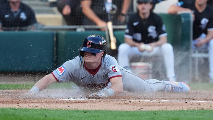 Oct 7, 2026; Chicago, Illinois, USA;  Cleveland Guardians second baseman Travis Bazzana (37) scores during the third inning against the Chicago White Sox in game three of the ALDS for the 2026 MLB Playoffs at Rate Field.  Mandatory Credit: David Banks-Imagn Images