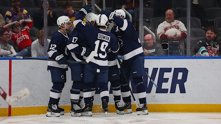 Penn State men's hockey celebrating a goal at the 2025 Frozen Four