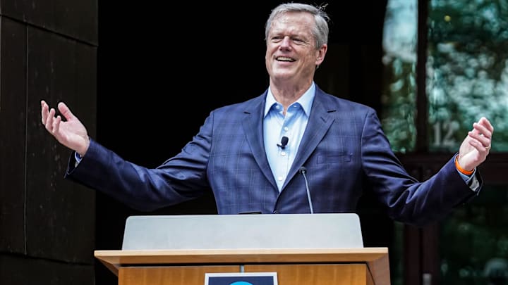 President of the NCAA, Charlie Baker speaks during a press conference celebrating the 25 year anniversary of the NCAA moving its national office to Indianapolis on Tuesday, Aug. 13, 2024, at the NCAA Headquarters in Indianapolis.