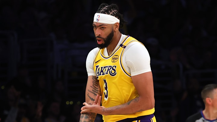Oct 22, 2024; Los Angeles, California, USA; Los Angeles Lakers forward Anthony Davis (3) reacts to a three-point basket during the fourth quarter against the Minnesota Timberwolves at Crypto.com Arena. Mandatory Credit: Jason Parkhurst-Imagn Images Oct 22, 2024; Los Angeles, California, USA; Los Angeles Lakers forward Anthony Davis (3) reacts to a three-point basket during the fourth quarter against the Minnesota Timberwolves at Crypto.com Arena. Mandatory Credit: Jason Parkhurst-Imagn Images