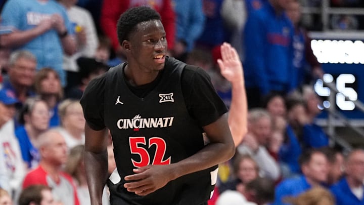 Feb 21, 2026; Lawrence, Kansas, USA; Cincinnati Bearcats center Moustapha Thiam (52).