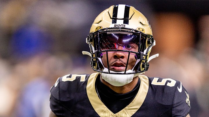 Dec 29, 2024; New Orleans, Louisiana, USA;  New Orleans Saints cornerback Will Harris (5) during warm ups against the Las Vegas Raiders at Caesars Superdome. Mandatory Credit: Stephen Lew-Imagn Images