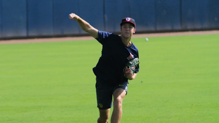 Milwaukee Brewers pitching prospect Jacob Misiorowski warms up before a game with the Nashville Sounds on August 22, 2024.