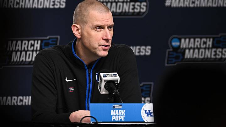 Mar 22, 2026; St. Louis, MO, USA; Kentucky Wildcats head coach Mark Pope speaks during the postgame press conference after the game against the Iowa State Cyclones during a second round game of the men's 2026 NCAA Tournament at Enterprise Center. Mar 22, 2026; St. Louis, MO, USA; Kentucky Wildcats head coach Mark Pope speaks during the postgame press conference after the game against the Iowa State Cyclones during a second round game of the men's 2026 NCAA Tournament at Enterprise Center.