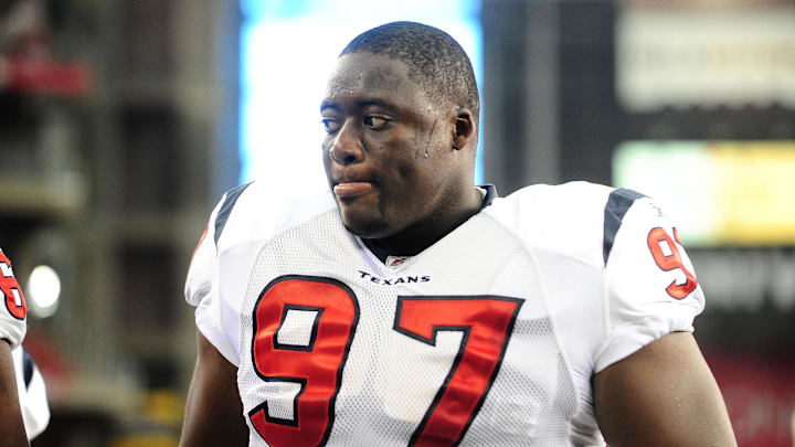Aug. 14, 2010; Glendale, AZ, USA; Houston Texans defensive tackle Frank Okam against the Arizona Cardinals at University of Phoenix Stadium. Arizona defeated Houston 19-16. Mandatory Credit: Mark J. Rebilas-Imagn Images