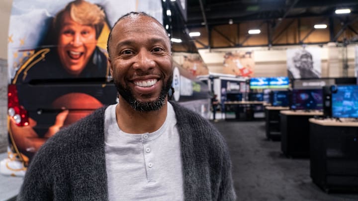 Former Arizona Cardinals wide receiver Larry Fitzgerald Jr. makes an appearance at the Super Bowl LVII Experience   s Madden Cruiser at the Phoenix Convention Center in Phoenix on Feb. 9, 2023.

Entertainment Madden Cruiser At Super Bowl Experience 5757575757