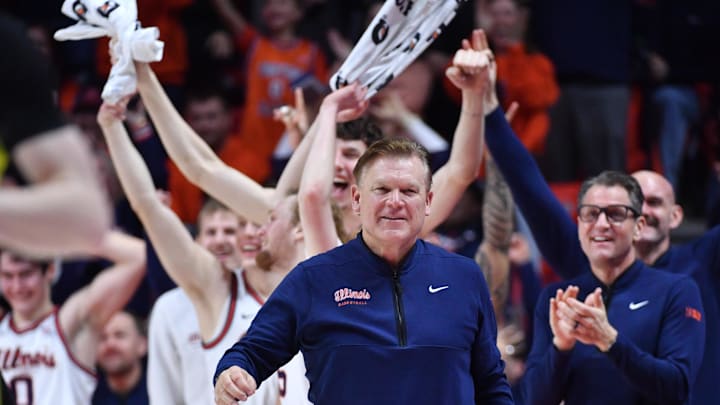 Mar 3, 2026; Champaign, Illinois, USA; Illinois Fighting Illini head coach Brad Underwood celebrates an 80-54 win against the Oregon Ducks at State Farm Center. Mandatory Credit: Ron Johnson-Imagn Images Mar 3, 2026; Champaign, Illinois, USA; Illinois Fighting Illini head coach Brad Underwood celebrates an 80-54 win against the Oregon Ducks at State Farm Center. Mandatory Credit: Ron Johnson-Imagn Images