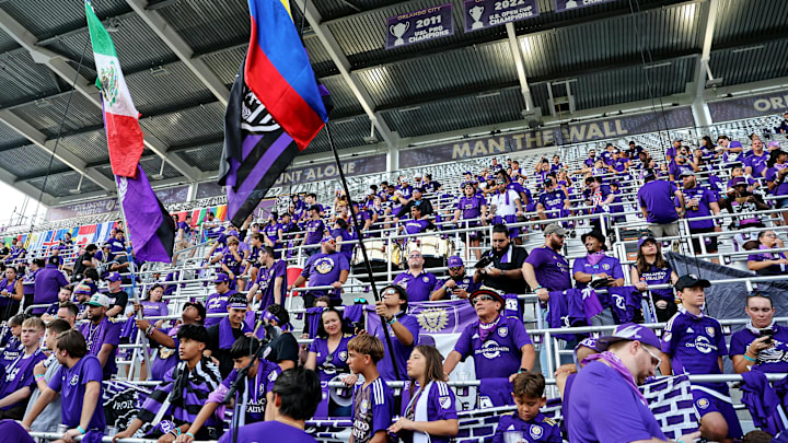 Sep 24, 2023; Orlando, Florida, USA; Orlando City supporters fill the stand before the game between Orlando City and Inter Miami CF at Exploria Stadium. Mandatory Credit: Cory Knowlton-Imagn Images