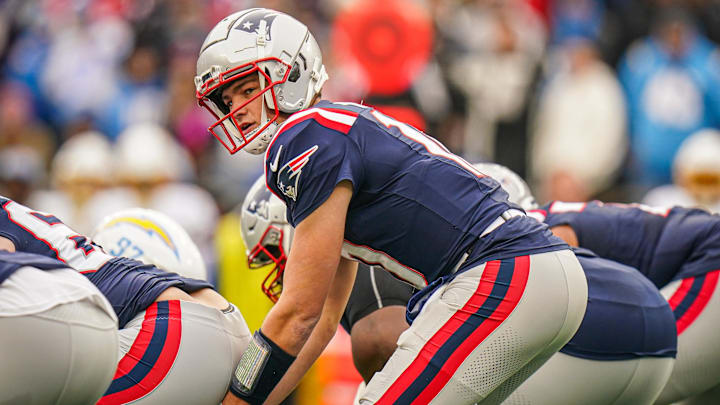 Dec 28, 2024; Foxborough, Massachusetts, USA; New England Patriots quarterback Drake Maye (10) on the field against the Los Angeles Chargers in the first quarter at Gillette Stadium. Mandatory Credit: David Butler II-Imagn Images