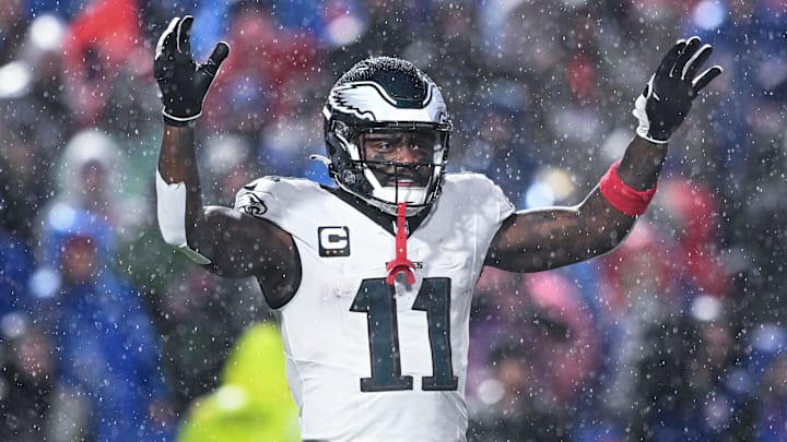 Dec 28, 2025; Orchard Park, New York, USA; Philadelphia Eagles wide receiver A.J. Brown (11) during a timeout in the third quarter against the Buffalo Bills at Highmark Stadium. Mandatory Credit: Mark Konezny-Imagn Images