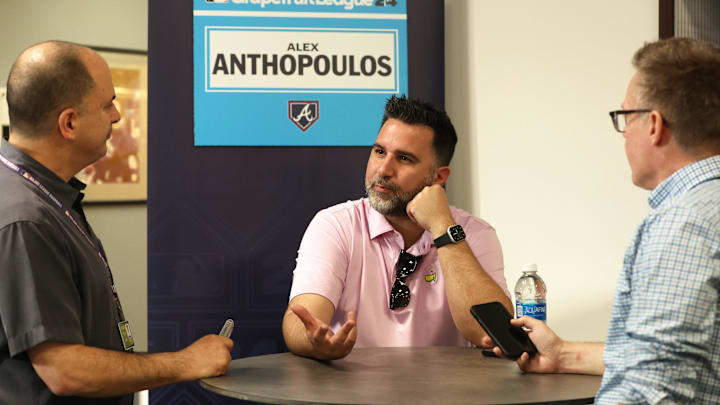Feb 15, 2024; Tampa, FL, USA; Atlanta Braves general manager and president of baseball operations Alex Anthopoulos talks with media at George M. Steinbrenner Field. Mandatory Credit: Kim Klement Neitzel-Imagn Images
