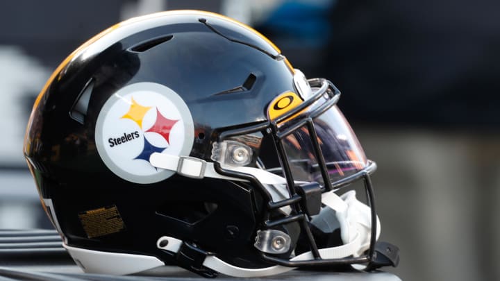 Aug 19, 2023; Pittsburgh, Pennsylvania, USA;  A Pittsburgh Steelers helmet sits on the sidelines against the Buffalo Bills at Acrisure Stadium. Mandatory Credit: Charles LeClaire-USA TODAY Sports