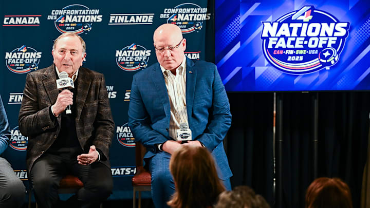 Feb 12, 2025; Montreal, Quebec, CAN; [Imagn Images direct customers only] NHL commissioner Gary Bettman addresses the press beside NHL deputy commissioner Bill Daly before a 4 Nations Face-Off ice hockey game at Bell Centre. Mandatory Credit: David Kirouac-Imagn Images