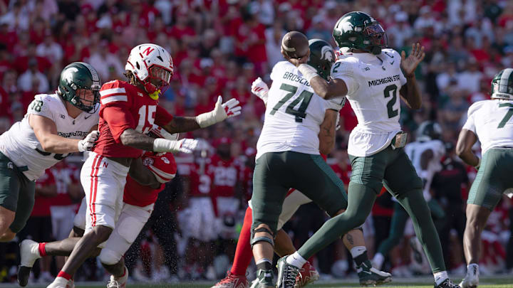 Oct 4, 2025; Lincoln, Nebraska, USA; Nebraska Cornhuskers linebacker (15) pressures Michigan State Spartans quarterback Aidan Chiles (2) as he throws during the second quarter of the game at Memorial Stadium. Mandatory Credit: Kylie Graham-Imagn Images Oct 4, 2025; Lincoln, Nebraska, USA; Nebraska Cornhuskers linebacker (15) pressures Michigan State Spartans quarterback Aidan Chiles (2) as he throws during the second quarter of the game at Memorial Stadium. Mandatory Credit: Kylie Graham-Imagn Images