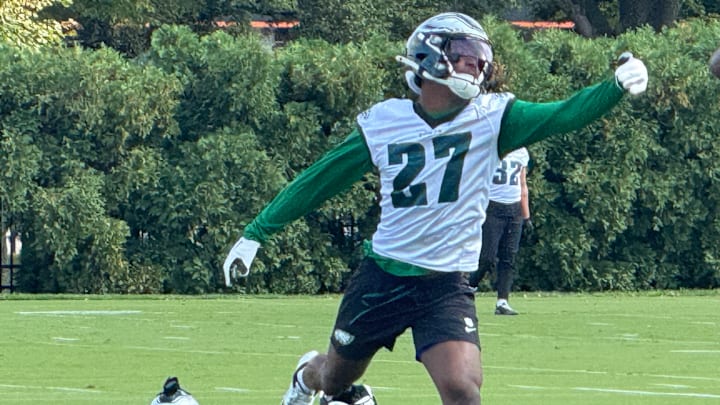 Eagles cornerback Quinyon Mitchell goes through a drill during a Week 5 practice.