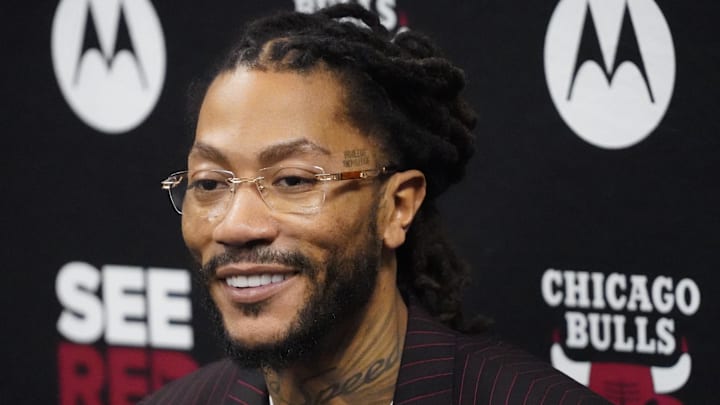 Jan 4, 2025; Chicago, Illinois, USA; Chicago Bulls and New York Knicks former player Derrick Rose speaks during a press conference answers questions. Rose will be honored at halftime in a game between the Chicago Bulls and the New York Knicks at United Center. Mandatory Credit: David Banks-Imagn Images