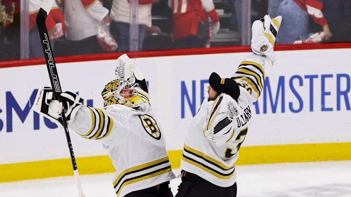 May 14, 2024; Sunrise, Florida, USA; Boston Bruins goaltender Jeremy Swayman (1) and goaltender Linus Ullmark (35) celebrate after winning against the Florida Panthers in game five of the second round of the 2024 Stanley Cup Playoffs at Amerant Bank Arena. Mandatory Credit: Sam Navarro-USA TODAY Sports