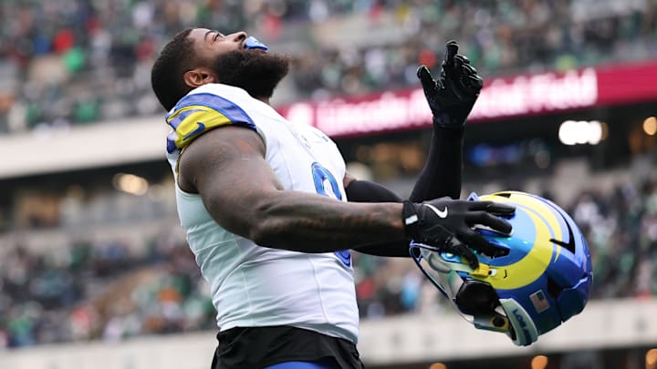 Jan 19, 2025; Philadelphia, Pennsylvania, USA; Los Angeles Rams linebacker Jared Verse (8) before action against the Philadelphia Eagles in a 2025 NFC divisional round game at Lincoln Financial Field. Mandatory Credit: Bill Streicher-Imagn Images