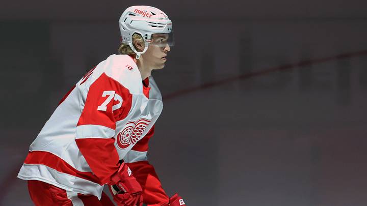Mar 31, 2026; Pittsburgh, Pennsylvania, USA;  Detroit Red Wings defenseman Simon Edvinsson (77) warms up before a game against the Pittsburgh Penguins at PPG Paints Arena. Mandatory Credit: Charles LeClaire-Imagn Images