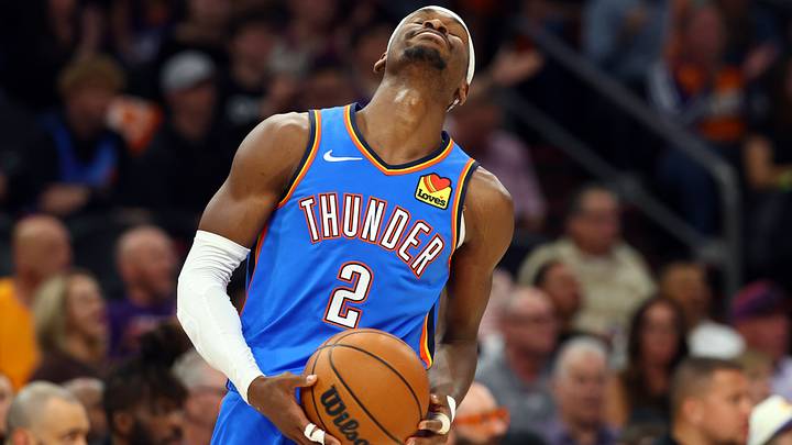 Apr 27, 2026; Phoenix, Arizona, USA; Oklahoma City Thunder guard Shai Gilgeous-Alexander (2) reacts against the Phoenix Suns in the first half during game four of the first round of the 2026 NBA Playoffs at Mortgage Matchup Center. Mandatory Credit: Mark J. Rebilas-Imagn Images