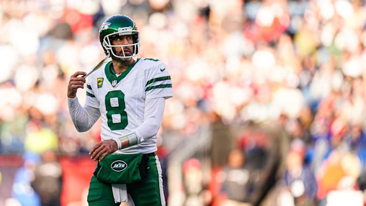 Oct 27, 2024; Foxborough, Massachusetts, USA; New York Jets quarterback Aaron Rodgers on the field against the New England Patriots.