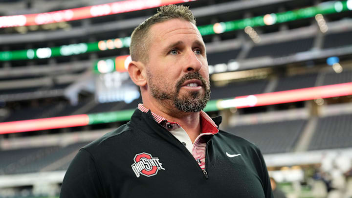 Ohio State Buckeyes offensive coordinator Brian Hartline speaks during the Cotton Bowl Media Day at AT&T Stadium in Dallas prior to the College Football Playoff matchup against the Miami Hurricanes on Dec. 29, 2025.