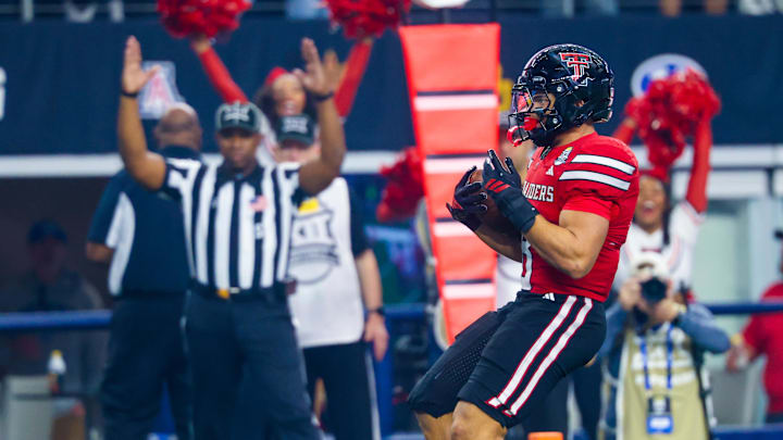Dec 6, 2025; Arlington, TX, USA; Texas Tech Red Raiders running back Cameron Dickey (8) runs for a touchdown during the second half against the BYU Cougars  at AT&T Stadium. Mandatory Credit: Kevin Jairaj-Imagn Images