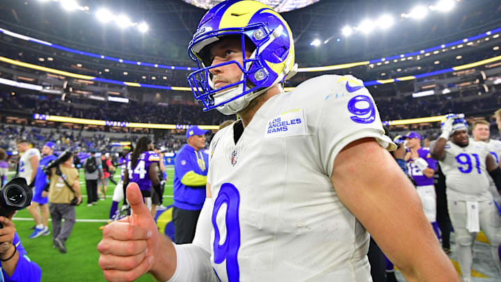 Oct 24, 2024; Inglewood, California, USA; Los Angeles Rams quarterback Matthew Stafford (9) celebrates the victory against the Minnesota Vikings at SoFi Stadium. Mandatory Credit: Gary A. Vasquez-Imagn Images Oct 24, 2024; Inglewood, California, USA; Los Angeles Rams quarterback Matthew Stafford (9) celebrates the victory against the Minnesota Vikings at SoFi Stadium. Mandatory Credit: Gary A. Vasquez-Imagn Images