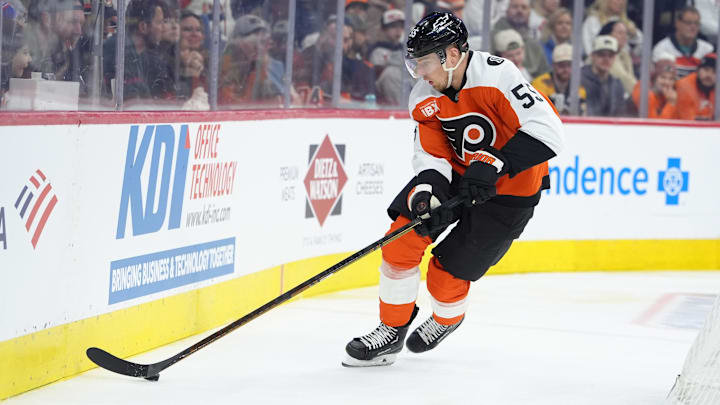 Feb 28, 2026; Philadelphia, Pennsylvania, USA; Philadelphia Flyers defenseman Rasmus Ristolainen (55) controls the puck against the Boston Bruins in the first period at Xfinity Mobile Arena. Mandatory Credit: Kyle Ross-Imagn Images