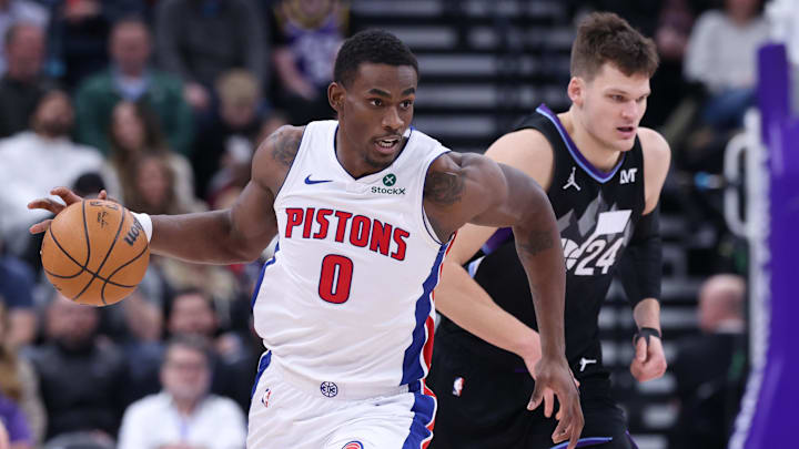Mar 3, 2025; Salt Lake City, Utah, USA; Detroit Pistons center Jalen Duren (0) brings the ball up the court against Utah Jazz center Walker Kessler (24) during the first half at Delta Center. Mandatory Credit: Rob Gray-Imagn Images