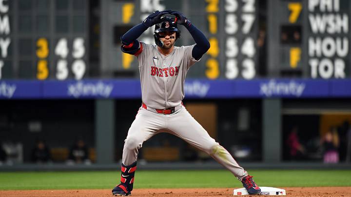 Jun 22, 2026; Denver, Colorado, USA; Boston Red Sox infielder Marcelo Mayer (11) celebrates after a double to center field in the seventh inning against the Colorado Rockies at Coors Field. Mandatory Credit: Christopher Hanewinckel-Imagn Images