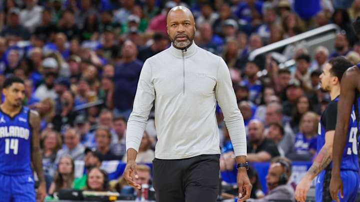 Apr 25, 2025; Orlando, Florida, USA; Orlando Magic head coach Jamahl Mosley walks onto the court during a timeout in the second quarter of game three of first round for the 2024 NBA Playoffs at Kia Center. Mandatory Credit: Mike Watters-Imagn Images