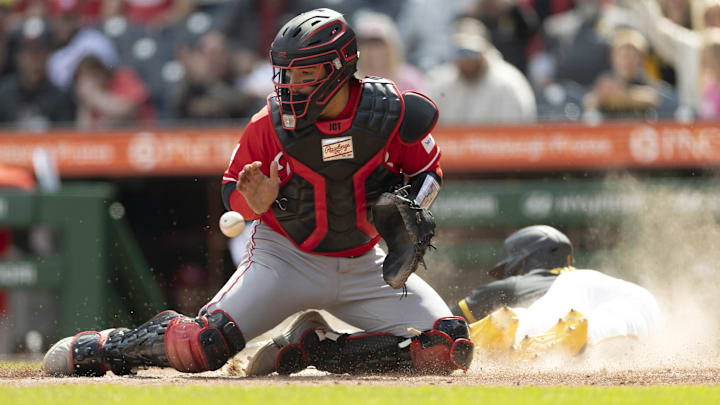 May 3, 2026; Pittsburgh, Pennsylvania, USA; Cincinnati Reds catcher Jose Trevino (35) stops the ball as Pittsburgh Pirates short stop Konnor Griffin (6) slides safely across home plate during the eighth inning at PNC Park. Mandatory Credit: Scott Galvin-Imagn Images May 3, 2026; Pittsburgh, Pennsylvania, USA; Cincinnati Reds catcher Jose Trevino (35) stops the ball as Pittsburgh Pirates short stop Konnor Griffin (6) slides safely across home plate during the eighth inning at PNC Park. Mandatory Credit: Scott Galvin-Imagn Images