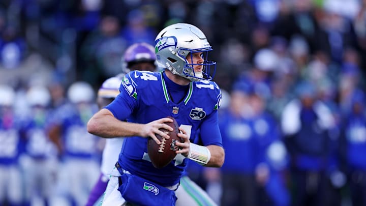 Nov 30, 2025; Seattle, Washington, USA; Seattle Seahawks quarterback Sam Darnold (14) drops back to make a pass during the second half against the Minnesota Vikings at Lumen Field. Mandatory Credit: Kevin Ng-Imagn Images Nov 30, 2025; Seattle, Washington, USA; Seattle Seahawks quarterback Sam Darnold (14) drops back to make a pass during the second half against the Minnesota Vikings at Lumen Field. Mandatory Credit: Kevin Ng-Imagn Images