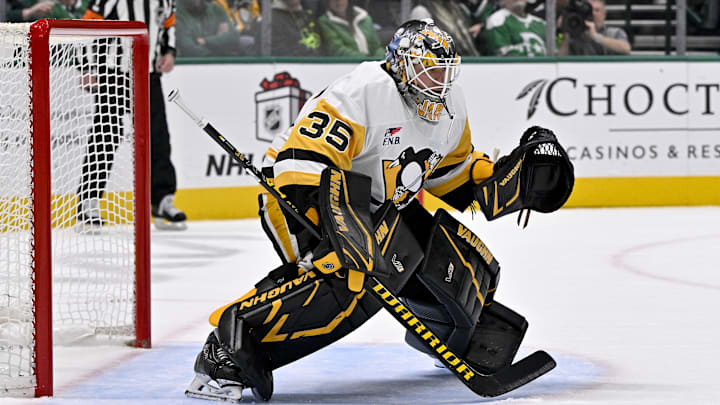 Dec 7, 2025; Dallas, Texas, USA; Pittsburgh Penguins goaltender Tristan Jarry (35) faces the Dallas Stars attack during the game at the American Airlines Center. Mandatory Credit: Jerome Miron-Imagn Images