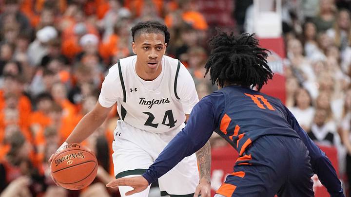 Wauwatosa West's Jalen Brown (24) brings the ball down court against Racine Park in their WIAA Division 2 state championship boys basketball game, Saturday, March 22, 2025, at the Kohl Center in Madison, Wis.