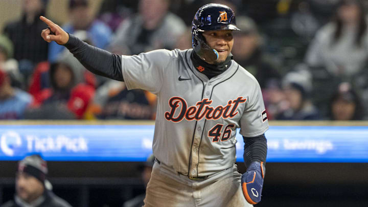Apr 19, 2024; Minneapolis, Minnesota, USA; Detroit Tigers right fielder Wenceel Perez (46) points to