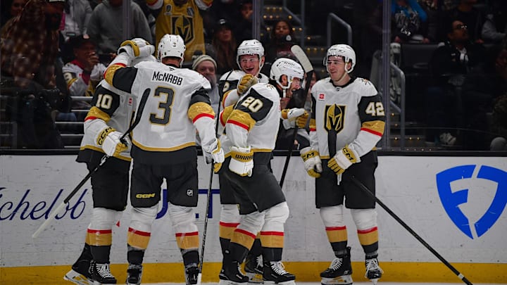 Feb 25, 2026; Los Angeles, California, USA; Vegas Golden Knights celebrate the goal scored by left wing Brandon Saad (20) against the Los Angeles Kings during the third period at Crypto.com Arena. Mandatory Credit: Gary A. Vasquez-Imagn Images Feb 25, 2026; Los Angeles, California, USA; Vegas Golden Knights celebrate the goal scored by left wing Brandon Saad (20) against the Los Angeles Kings during the third period at Crypto.com Arena. Mandatory Credit: Gary A. Vasquez-Imagn Images