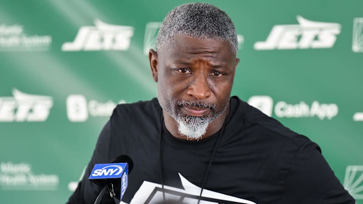 Jul 24, 2025; Florham Park, NY, USA; New York Jets head coach Aaron Glenn speaks to the media during training camp at Atlantic Health Jets Training Center. Mandatory Credit: John Jones-Imagn Images