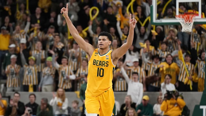 Jan 13, 2024; Waco, Texas, USA; Baylor Bears guard RayJ Dennis (10) reacts after a made basket
