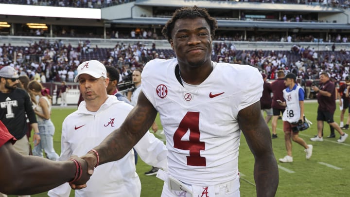 Oct 7, 2023; College Station, Texas, USA; Alabama Crimson Tide quarterback Jalen Milroe (4) smiles on the field after the game against the Texas A&M Aggies at Kyle Field. Mandatory Credit: Troy Taormina-USA TODAY Sports Oct 7, 2023; College Station, Texas, USA; Alabama Crimson Tide quarterback Jalen Milroe (4) smiles on the field after the game against the Texas A&M Aggies at Kyle Field. Mandatory Credit: Troy Taormina-USA TODAY Sports