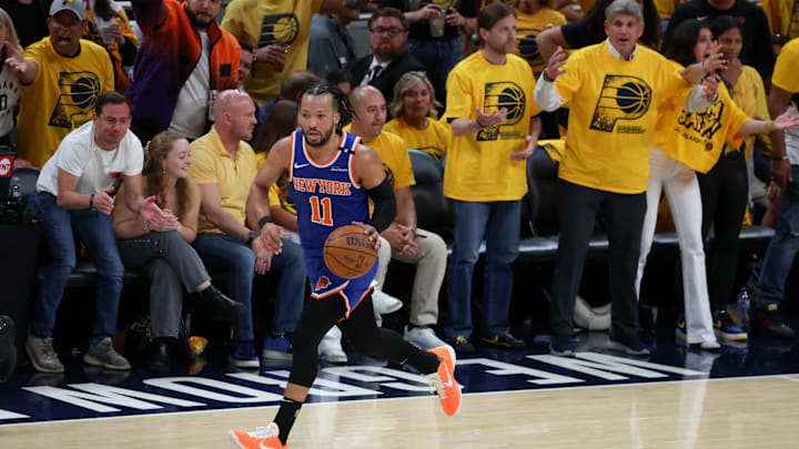 May 31, 2025; Indianapolis, Indiana, USA; New York Knicks guard Jalen Brunson (11) dribbles the ball against the Indiana Pacers in the first quarter during game six of the eastern conference finals for the 2025 NBA Playoffs at Gainbridge Fieldhouse. Mandatory Credit: Trevor Ruszkowski-Imagn Images